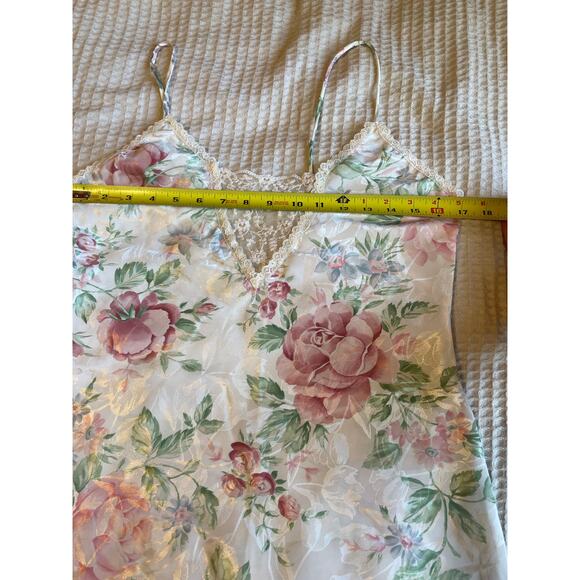 VTG Silky Textured Lace Trim V Neck Pink & Green Floral Mini Slip Dress XS - Picture 9 of 9